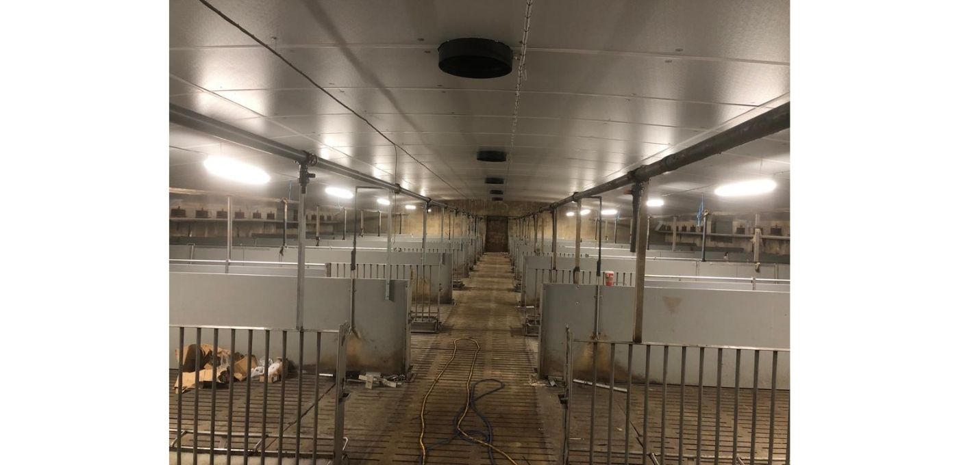 Recticel Insulation's Du.Panel<sup>®</sup> X installed within a pig farm unit - full building interior long-shot image