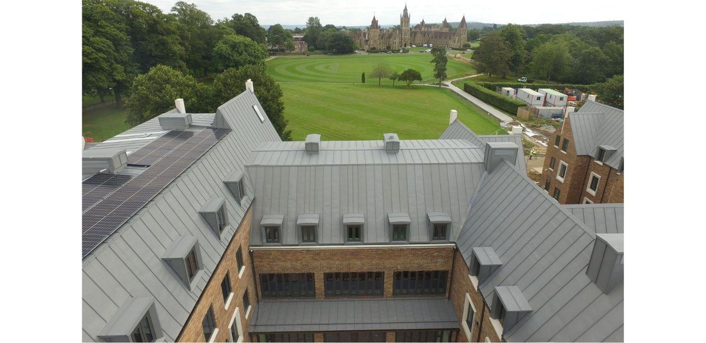 Charterhouse School in which Recticel Insulation's Eurothane<sup>®</sup> GP was used - pitched roof drone image with school grounds
