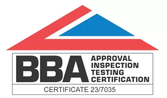 BBA certification logo with red and blue roof graphic.