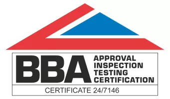 BBA certification logo with red and blue roof graphic.