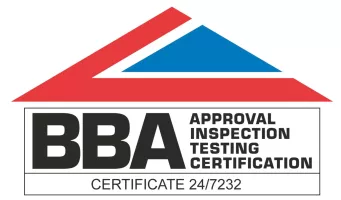 BBA certification logo with red and blue roof graphic.