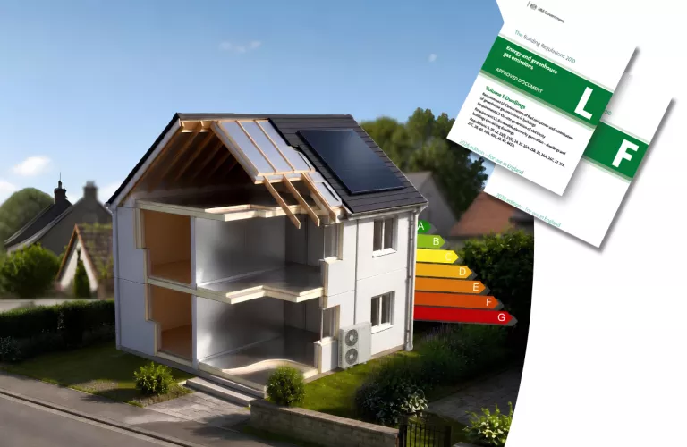 Cross-section of a house with an energy efficiency rating overlay.