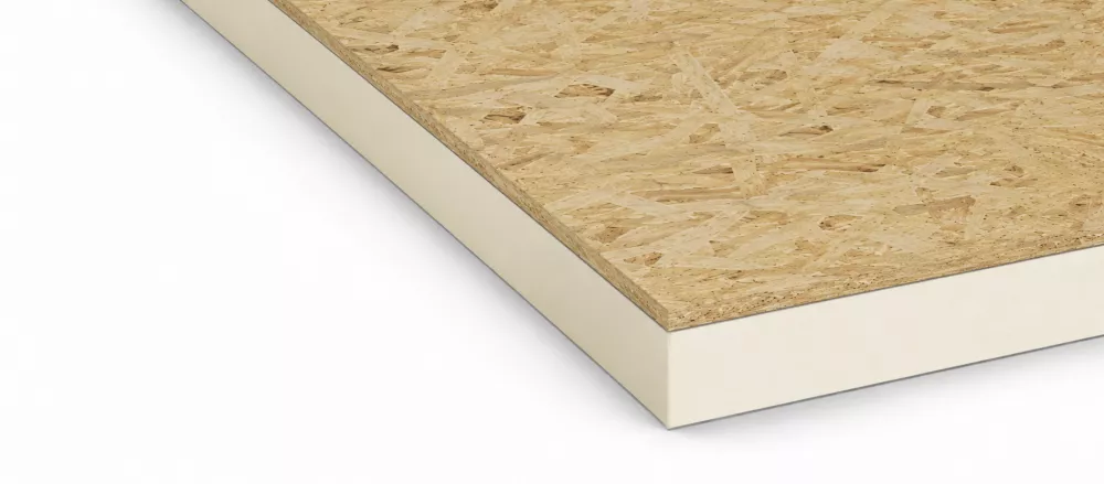 Composite board with textured, beige surface and white edges.