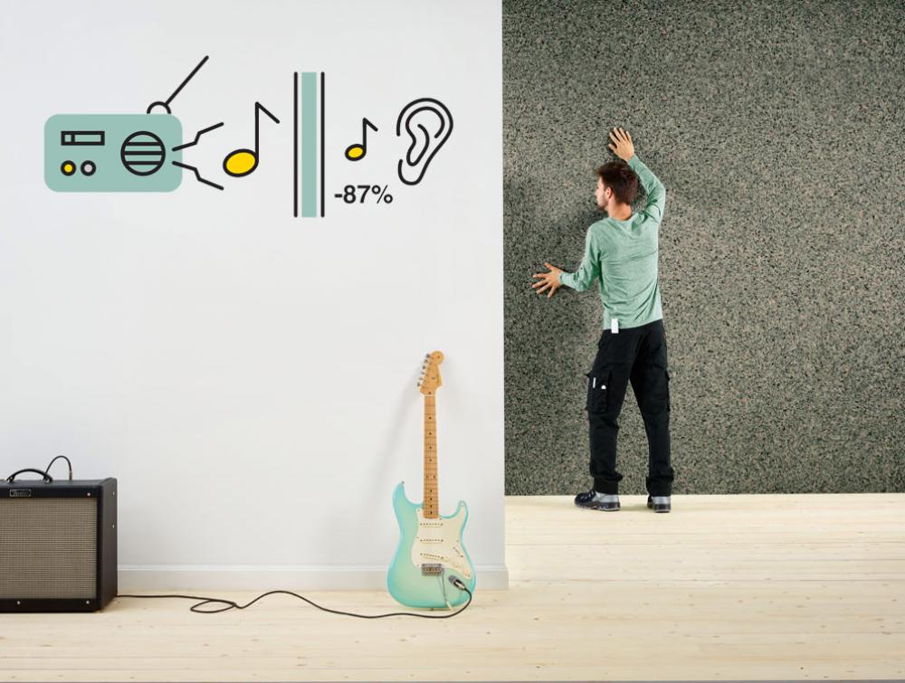 Silentwall acoustic insulation panel demonstration image with guitar and noise amplifier