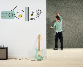 Silentwall acoustic insulation panel demonstration image with guitar and noise amplifier